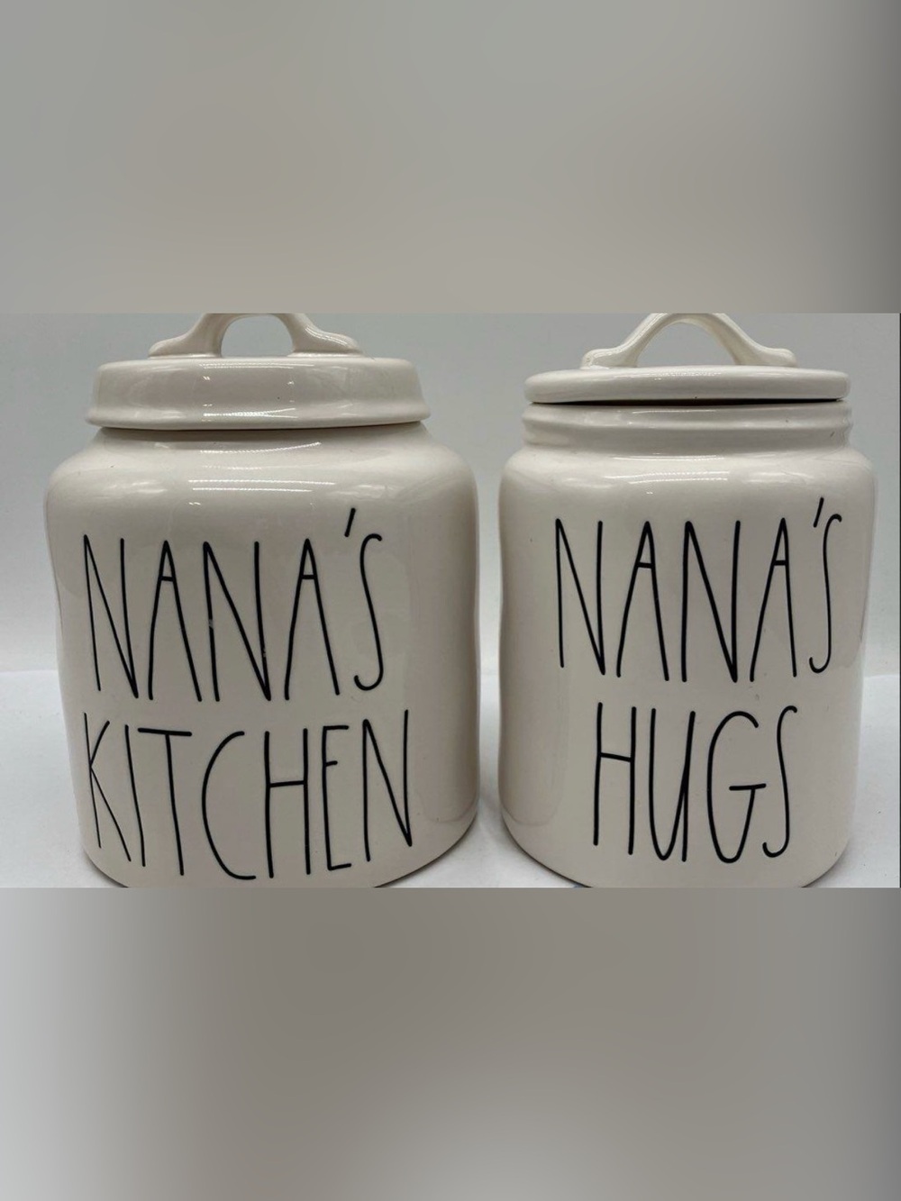 RAE DUNN HTF ‘Nana's Kitchen’ & ‘Nana's Hugs’ White Ceramic Cookie Jar Canister